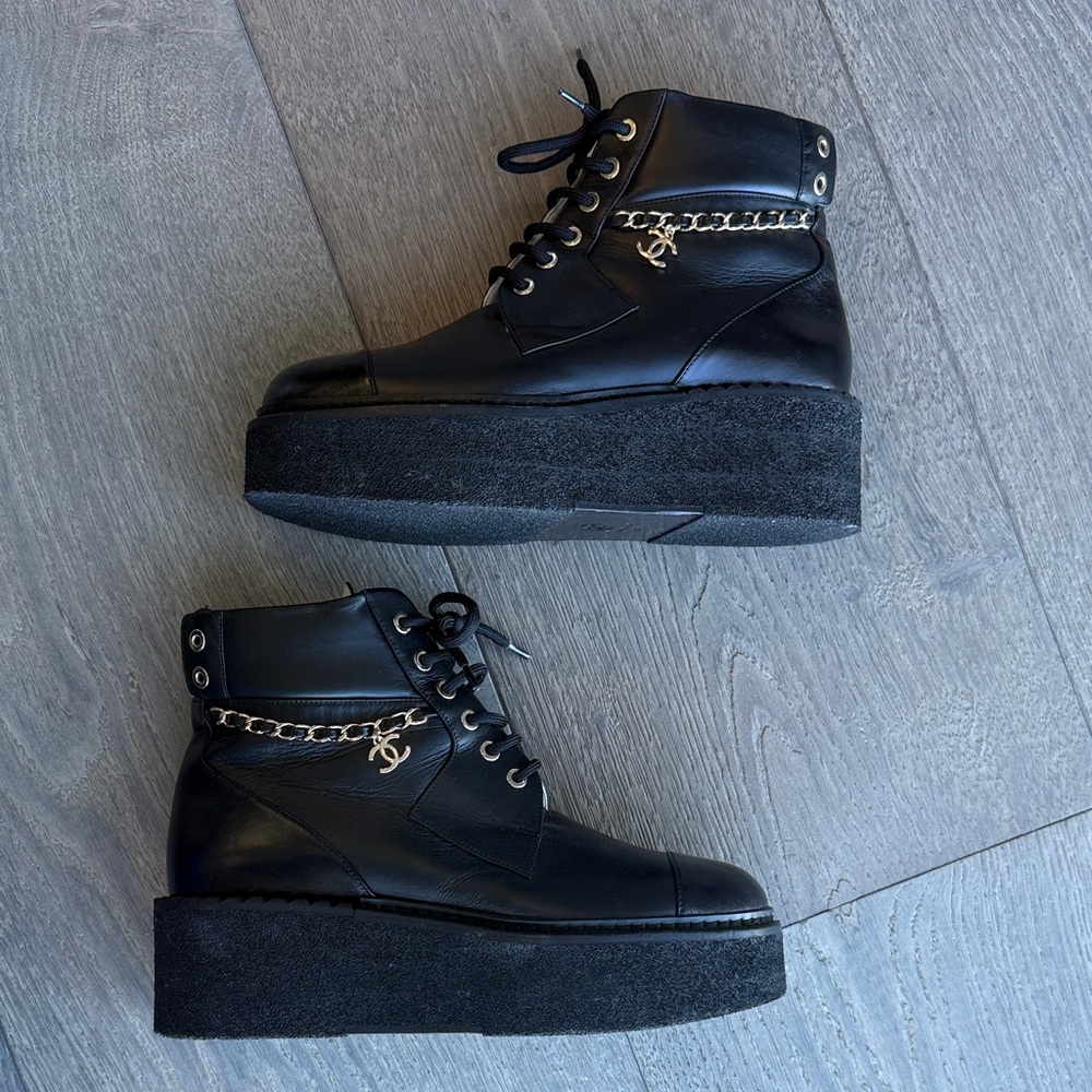 Chanel Black Platform Boots with Chain, size 38.5